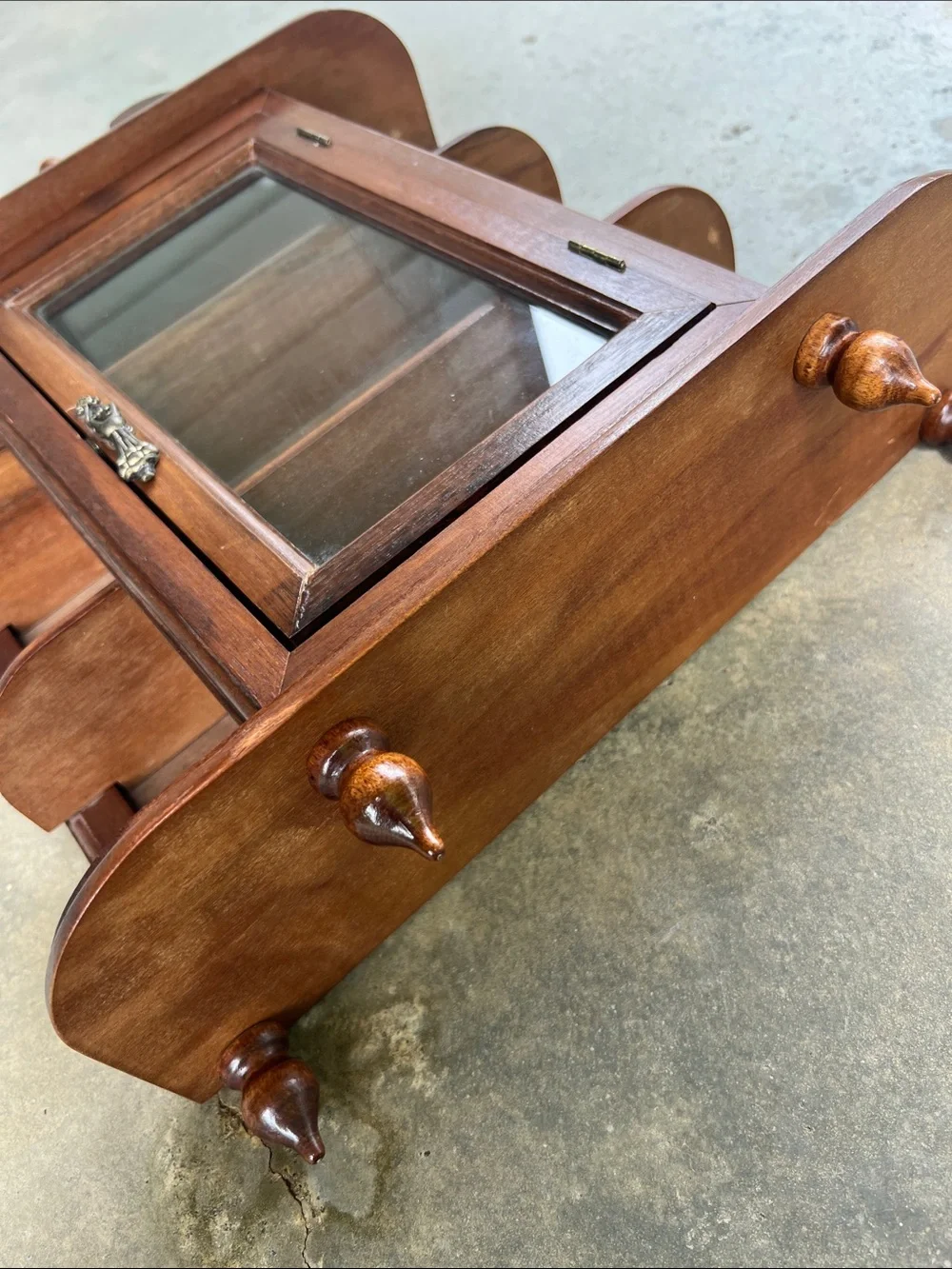 Vintage Wood Curio Display Cabinet Glass Door, Open Shelves & Decorative Detail